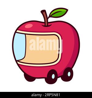 Cute cartoon red apple shaped car drawing. Funny children's toy vector clip art illustration. Stock Vector