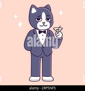 Tuxedo cat cartoon character. Funny cat in black tie suit holding martini glass. Cute vector illustration. Stock Vector