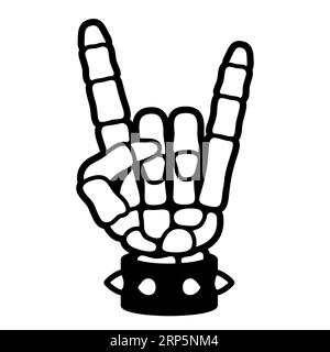 Skeleton hand making rock sign. Heavy metal hand gesture in cartoon comic style. Music fan hand with spiked leather bracelet. Vector illustration. Stock Vector