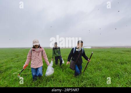 (181220) -- CHANGSHA, Dec. 20, 2018 -- Zhang Siqi (L), Zhang Pingyang(C) and Zou Yeai, scientific staff members, patrol in Dongting Lake area, central China s Hunan Province, Oct. 25, 2018. Collecting soil in spring, testing lake water in summer, investigating plants in autumn and observing migrant birds in winter outlined nearly ten years of seasonal cycle daily life of nameless scientific researchers in the Dongting Lake area. They have worked hard to supply solutions to protection of the environment and biological diversity here. The scientific researchers from the Chinese Academy of Scienc Stock Photo