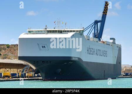 Valletta, Malta - 6 August 2023: Large car transporter ship Hoegh Trapper docked in the port of Valletta. Stock Photo