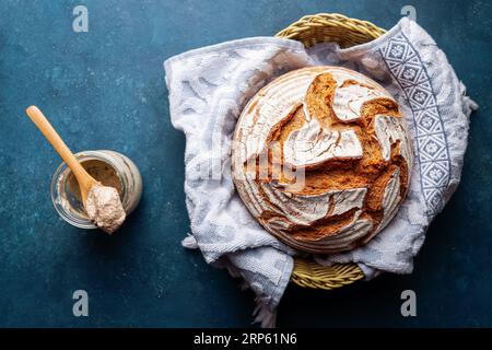 Homemade organic rye bread. Beautiful bread with a crispy crust. Stock Photo