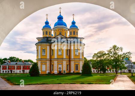 Cathedral in the name of the Nativity of the Blessed Virgin Mary Konevsky monastery on the island of Konevets on Lake Ladoga - Russia. Bell tower abov Stock Photo
