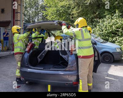 Stockton Heath, Warrington, Cheshire, UK. 02nd Sep, 2023. Stockton Heath fire station held an open day where they demonstrated how to rescue an injured driver from a car by removing the car roof Credit: John Hopkins/Alamy Live News Stock Photo