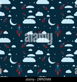 Seamless pattern night theme rocket launch clouds stars and moon crest Stock Vector