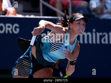 New York, United States. 03rd Sep, 2023. Xinyu Wang of China serving to Karolina Muchova of the Czech Republic during their fourth round match at the US Open. Muchova won in three sets. Photography by Credit: Adam Stoltman/Alamy Live News Stock Photo