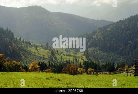 Landscape with a mountain pasture in Neamt County, Romania, approx. 2000 Stock Photo