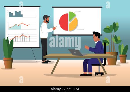 Business meeting.  Businessman at project meeting.  Accountant explaining finances for month concept with charts and graphs.  Flat vector graphic Mana Stock Vector