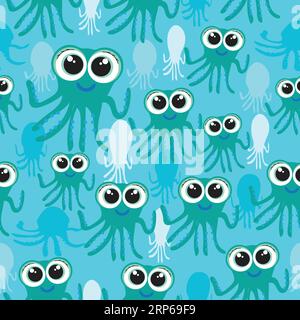 Baby octopus with huge eyes seamless pattern; swarm of jellyfish Stock Vector