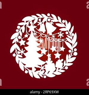 Christmas wreath. Hanging decoration. Template for laser cutting of paper, wood, cardboard, meral. For the design of Christmas decorations, cards, int Stock Vector