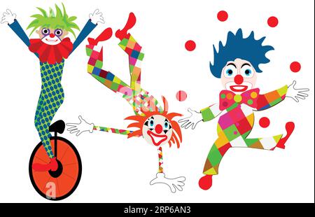 Clown characters making tricks; three harlequins with different activity: riding a monocycle, in one hand and playing with red balls; Stock Vector