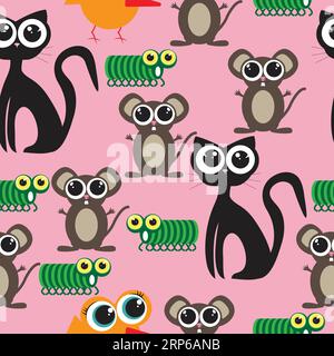 cute childish design with animals and caterpillar with huge eyes; bird, cat, mouse with huge eyes Stock Vector