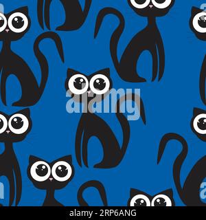 Cute childish kitty pattern with huge eyes on blue background Stock Vector