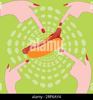 Hands pointing a hot dog; four hands with poting finger pointing to sandwich Stock Vector