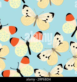 Small white butterfly and anthocaris cardamines seamless pattern; pastel blue background Stock Vector