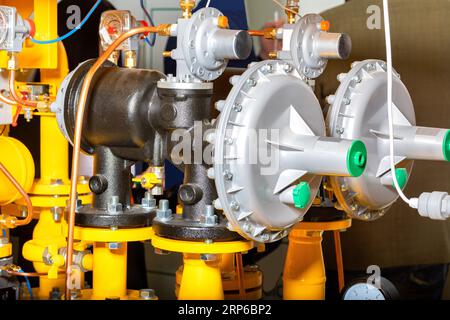 Gas pressure stabilizers in a gas control station to reduce gas pressure. Stock Photo
