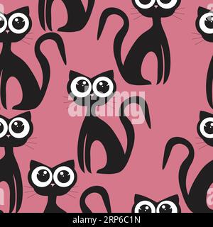 Cute childish kitty pattern with huge eyes on pink background Stock Vector