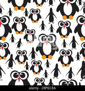 Baby penguins with hude eyes seamless pattern; colony of penguins childish design Stock Vector