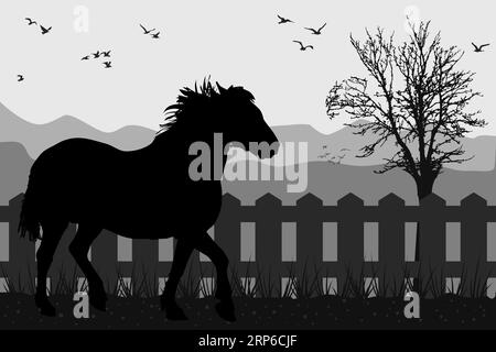 Horse silhouette by wooden fence. Steed on meadow with paddock. Rustic countryside country farm background design. Farm animals. Vector illustration Stock Vector