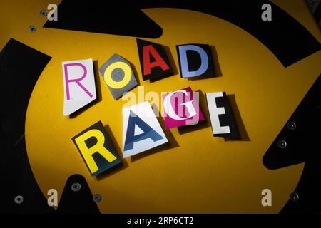 The concept 'Road Rage' spelled out in ransom note style typography, USA 2023 Stock Photo