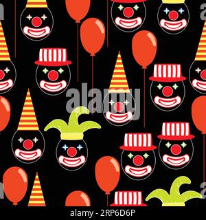 Seamless pattern with round clown faces with shining eyes , hats and baloons; funny clown faces with carnaval hats and baloons Stock Vector