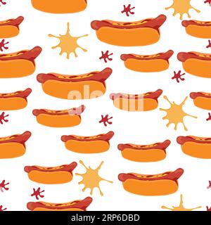 Seamless hot dog pattern with spots of mustard and ketchup; seamless pattern with many hot dogs and ketchup and mustard stains Stock Vector
