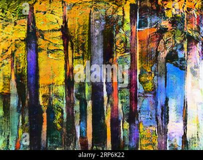 A bright, multi colored abstract impressionism illustration inspired by sunset light reflecting through a grove of Australian palm trees. Stock Photo