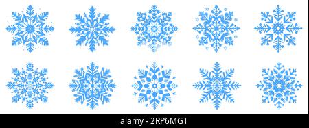 Snowflake icons set. Collection of blue snowflakes on white background. Vector illustration Stock Vector