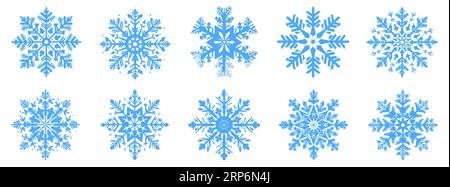 Snowflake icons set. Collection of blue snowflakes on white background. Vector illustration Stock Vector