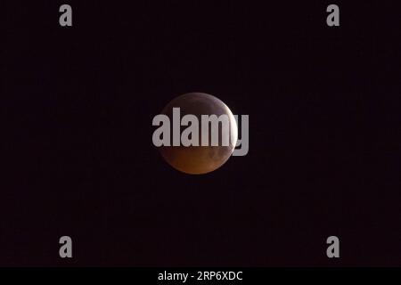 (190121) -- LONDON, Jan. 21, 2019 -- The moon is seen during a total lunar eclipse, known as the Super Blood Wolf Moon , in the sky above northwest London, Britain, Jan. 21, 2019. ) BRITAIN-LONDON-SUPER MOON-TOTAL ECLIPSE StephenxChung PUBLICATIONxNOTxINxCHN Stock Photo