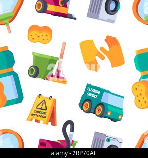 Laundry service pattern. brushes detergents rags vacuum cleaner pictures on vector seamless background Stock Vector
