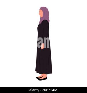 Side view of standing muslim businesswoman. Standing pose of arabic female manager in black robe cartoon vector illustration Stock Vector