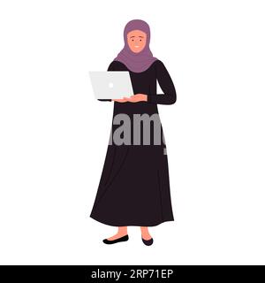 Standing arabic businesswoman with laptop. Female muslim manager holding computer cartoon vector illustration Stock Vector