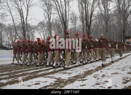 (190124) -- SRINAGAR, Jan. 24, 2019 -- Indian policemen march during a full dress rehearsal for the upcoming India Republic Day parade in Srinagar, the summer capital of India-controlled Kashmir, Jan. 24, 2019. India will celebrate its Republic Day on Jan. 26, 2019. ) KASHMIR-SRINAGAR-REPUBLIC DAY-REHEARSAL JavedxDar PUBLICATIONxNOTxINxCHN Stock Photo
