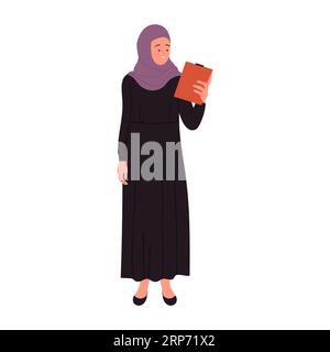 Muslim businesswoman holds clipboard. Arabic female manager presenting report cartoon vector illustration Stock Vector