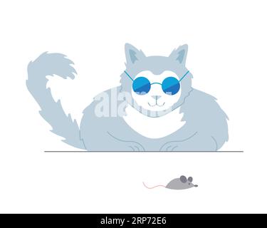 Cool cat with sunglasses catching the mouse. Domestic familiar pet, furry kitten cartoon vector illustration Stock Vector