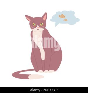 Confused cat thinking of fishes. Cute kitten dreaming , family domestic pet cartoon vector illustration Stock Vector