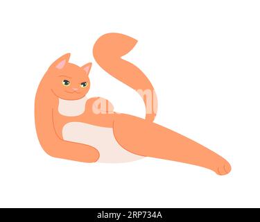 Ginger cute cat in stretching pose. Lazy domestic kitten, home pet lying position cartoon vector illustration Stock Vector