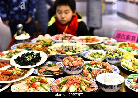 (190126) -- HEFEI, Jan. 26, 2019 (Xinhua) -- Visitors view the Spring Festival dishes made of polymer clay during an exhibition at Laishaoqi Gallery in Hefei, capital of east China s Anhui Province, Jan. 25, 2019. The Spring Festival, or the Chinese Lunar New Year which falls on Feb. 5 this year, is the most important festival in China. On New Year s Eve, the biggest event is the annual family reunion dinner. (Xinhua/Ge Yinian) CHINA-HEFEI-FEAST-POLYMER CLAY (CN) PUBLICATIONxNOTxINxCHN Stock Photo