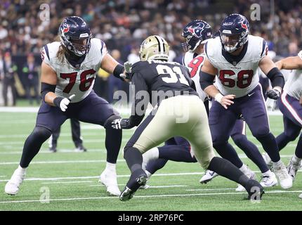 New Orleans, USA. 27th Aug, 2023. Houston Texans quarterback C.J. Stroud  (7) sets up behind center Jarrett Patterson (68) during a National Football  League preseason game at the Caesars Superdome in New