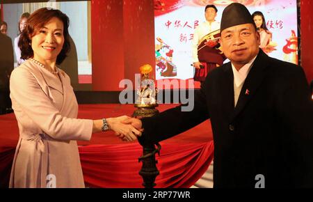 (190131) -- KATHMANDU, Jan. 31, 2019 -- Nepal s Vice President Nanda Bahadur Pun (R) shakes hands with Chinese Ambassador to Nepal Hou Yanqi during a reception for the upcoming Chinese Spring Festival in Kathmandu, Nepal, Jan. 30, 2019. The Chinese Spring Festival falls on Feb. 5 this year. ) NEPAL-KATHMANDU-CHINESE SPRING FESTIVAL-RECEPTION sunilxsharma PUBLICATIONxNOTxINxCHN Stock Photo