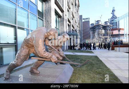 (190131) -- BEIJING, Jan. 31, 2019 (Xinhua) -- A statue of ice hockey is seen at the headquarters of Beijing 2022 Olympic Games Organizing Committee in Shougang Park, Beijing, China, Jan. 22, 2019. (Xinhua/Chen Yehua) Xinhua Headlines: Three years from Winter Games, Twice Olympic City Beijing marches toward excellence PUBLICATIONxNOTxINxCHN Stock Photo