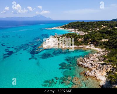 Aerial view, bay at Mega Portokali beach, Kavourotrypes beach and Orange Beach, Sarti, Sithonia, Chalkidiki, Central Macedonia, Greece Stock Photo