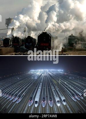 (190202) -- BEIJING, Feb. 2, 2019 () -- This combo photo shows old-style steam locomotives kept in extended service on the Jining-Tongliao railway in north China s Inner Mongolia Autonomous Region, Dec. 7, 2005 (top, photo taken by Zhang Ling); and bullet trains waiting for maintenance at a train depot in Wuhan, central China s Hubei Province, Jan. 20, 2019 (bottom, photo taken by Xiong Qi). China is experiencing its annual special 40 days or Spring Festival travel rush, which is dubbed as the largest migration on the planet, with 2.99 billion trips to be made over the 40-day period this year. Stock Photo