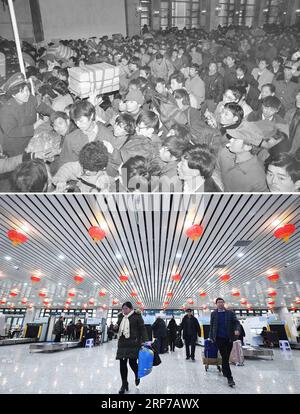 (190202) -- BEIJING, Feb. 2, 2019 () -- This combo photo shows passengers queuing up to board the trains at the Beijing Railway Station during the Spring Festival travel season in Beijing, capital of China, Jan. 12, 1993 (top, photo taken by Tang Zhaoming); and passengers prepare to board the trains after security check at the Lanzhou Railway Station in Lanzhou, northwest China s Gansu Province, Jan. 20, 2019 (bottom, photo taken by Chen Bin). China is experiencing its annual special 40 days or Spring Festival travel rush, which is dubbed as the largest migration on the planet, with 2.99 billi Stock Photo