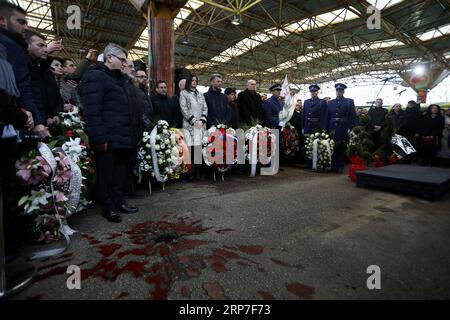 (190205) -- SARAJEVO, Feb. 5, 2019 -- People pay tribute to victims of the 1994 massacre in Sarajevo marketplace in Sarajevo, Bosnia and Herzegovina (BiH), on Feb. 5, 2019. A mortar shell exploded in the marketplace in Sarajevo on Feb. 5, 1994, killing 68 people and wounding more than 140. ) BOSNIA AND HERZEGOVINA-SARAJEVO-MASSACRE-ANNIVERSARY NedimxGrabovica PUBLICATIONxNOTxINxCHN Stock Photo