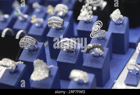 (190206) -- BEIJING, Feb. 6, 2019 -- Photo taken on Feb. 1, 2019 shows jewelry at a store in downtown Antwerp, Belgium, where is a hub for global diamond processing and trading center. ) Xinhua Headlines: Made-in-China diamonds poised to shape global market YexPingfan PUBLICATIONxNOTxINxCHN Stock Photo