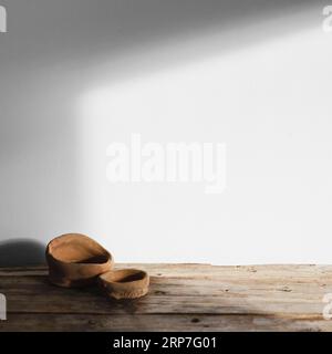 Abstract minimal concept objects shadows wooden table Stock Photo