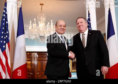 (190206) -- WASHINGTON, Feb. 6, 2019 -- U.S. Secretary of State Mike Pompeo (R) meets with visiting French Foreign Minister Jean-Yves Le Drian at the Department of State in Washington D. C., the United States, on Feb. 6, 2019. ) U.S.-WASHINGTON D.C.-POMPEO-FRANCE-FM-MEETING TingxShen PUBLICATIONxNOTxINxCHN Stock Photo