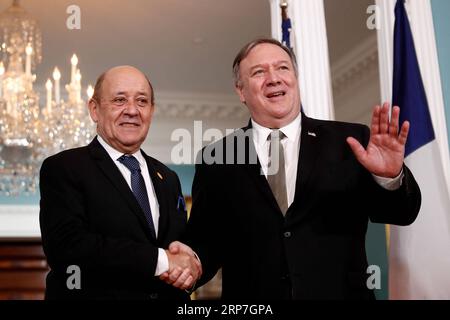 (190206) -- WASHINGTON, Feb. 6, 2019 -- U.S. Secretary of State Mike Pompeo (R) meets with visiting French Foreign Minister Jean-Yves Le Drian at the Department of State in Washington D. C., the United States, on Feb. 6, 2019. ) U.S.-WASHINGTON D.C.-POMPEO-FRANCE-FM-MEETING TingxShen PUBLICATIONxNOTxINxCHN Stock Photo